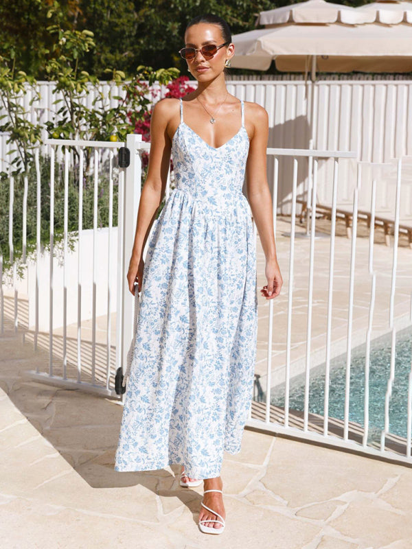 V-neck waist holiday long dress sexy backless bow tie dress