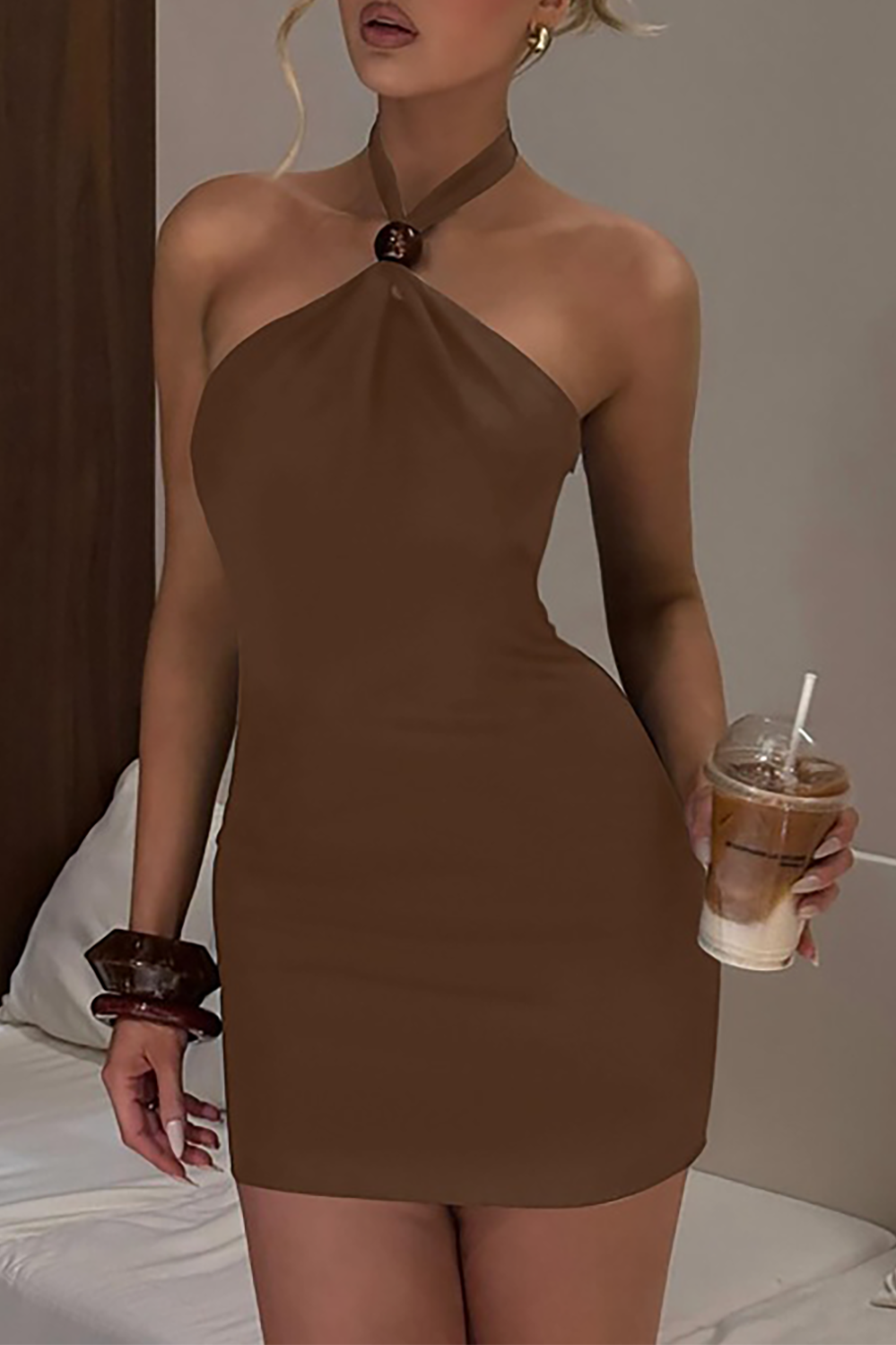 Halter Neck Bodycon Solid Color Mini Dresses - Burgundy