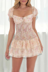 Floral Print Short Sleeve Cinch Waist Tiered Mini Dresses - Beige