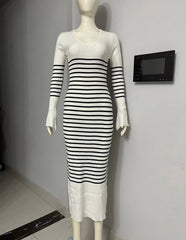 Elegant Striped Knit Maxi Dress Women Autumn Flare Long Sleeve Sexy V-Neck Bodycon Party Dresses Club Outfits Lady Casual Dress