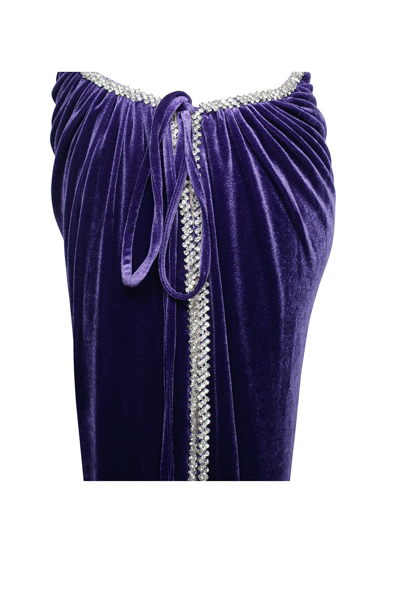 One Shoulder Rhinestone Tied Up Maxi Velvet Prom Dresses