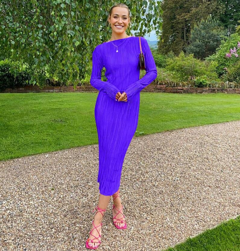 Elegant Bodycon Dress O Neck Flare Sleeves Long Dresses Holiday Vestidos