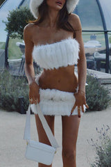 Fuzzy Crop Tube Top Mini Skirt Matching Set - White