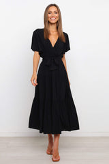 Solid Color Short-Sleeved Long Skirt Dress Dress V-Neck Lace-Up Dress