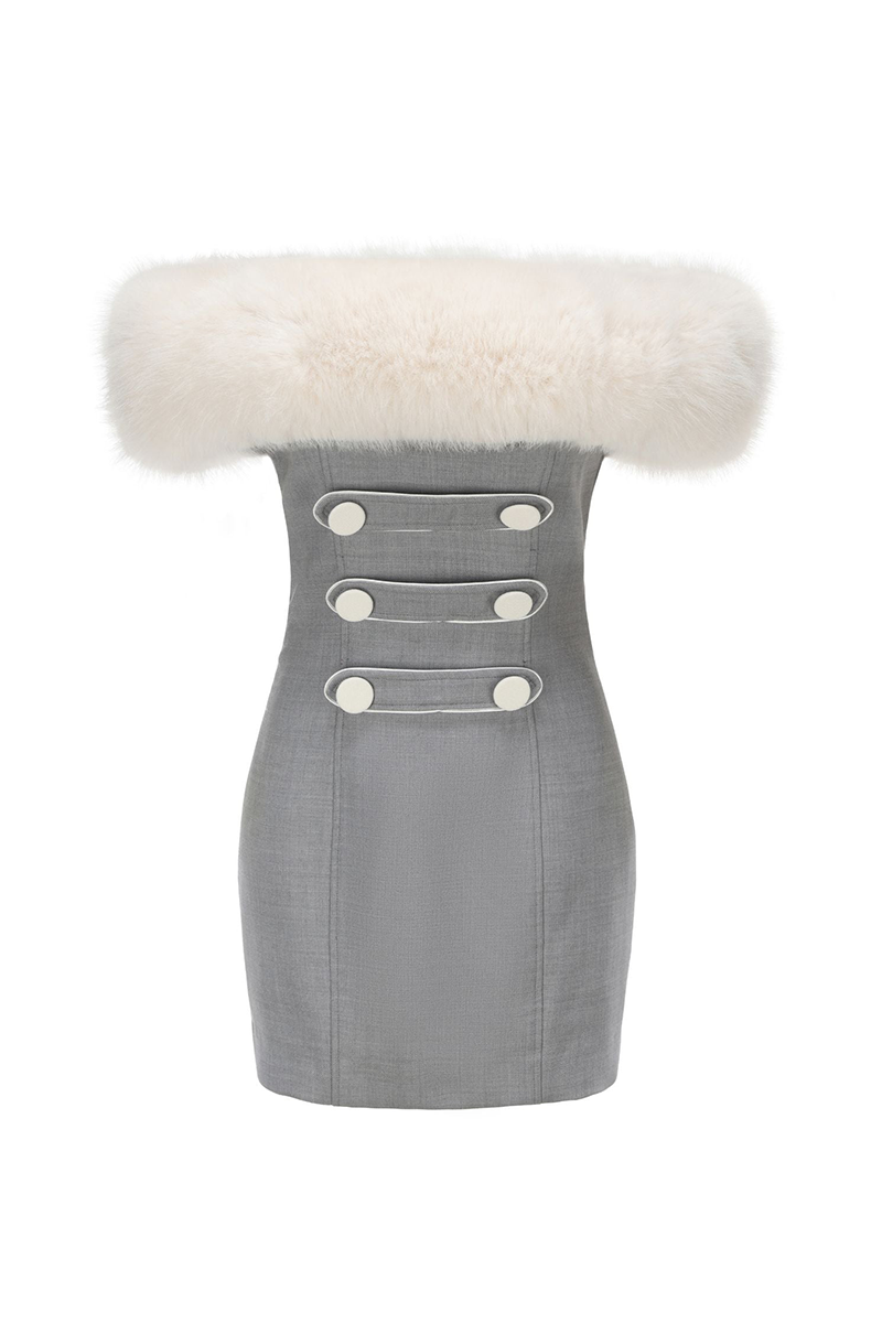 Off Shoulder Plush Patchwork Double - Breasted Mini Dresses - Grey