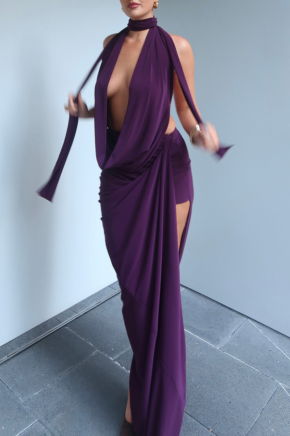Draped Design Halter Backless Top High Slit Skirt Set - Beige Pre Order