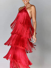 Metallic Color Tassel Halter Long Dress Female Chic Sleeveless Backless Lace Up Slim Vestdios Lady Sexy High Street Robe