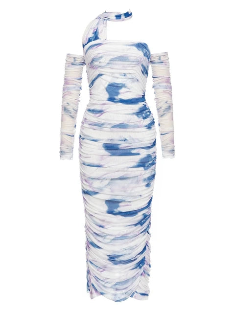 Open back hanging neck sexy long sleeved printed pleated long buttocks wrapped party evening dress