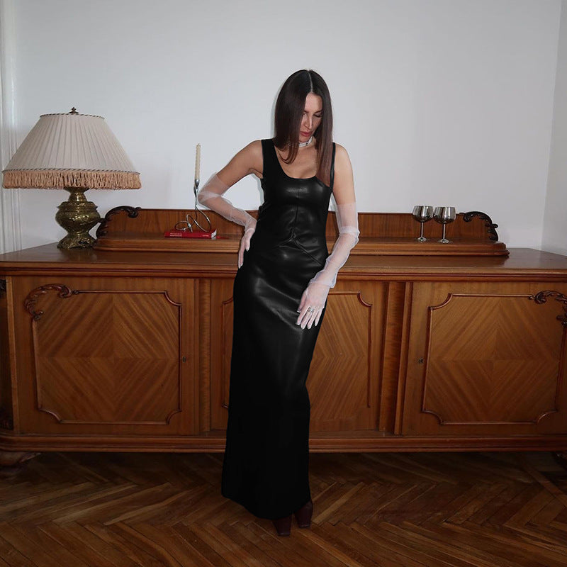 PU Leather Party Dress Women Night Sleeveless Split Long Dresses Fall Winter Clothes