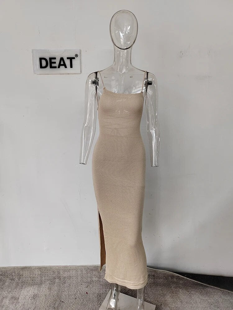 Women Knitted Dress Slash Neck Sleevesless Lace-up Backless Split Slim Ankle-length Dresses