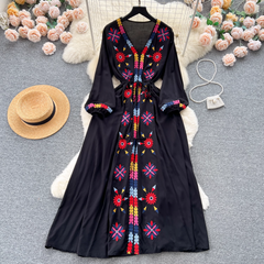 Embroidered V-neck drawstring waist dress retro ethnic style holiday dress