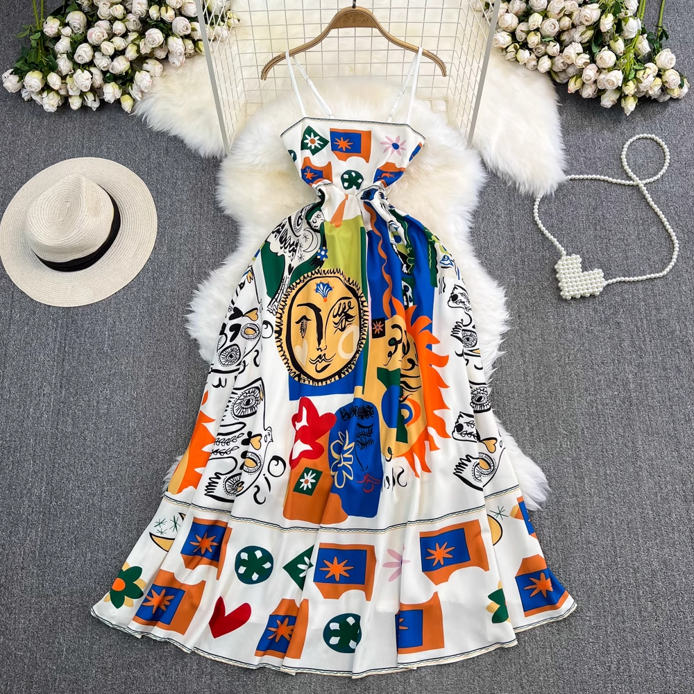 Oil painting graffiti printing summer high-quality loose sleeveless a-line dress