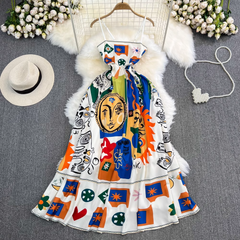 Oil painting graffiti printing summer high-quality loose sleeveless a-line dress