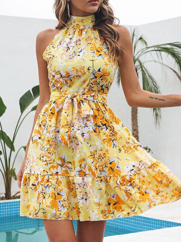 temperament lace up ruffle edge large hem floral dress