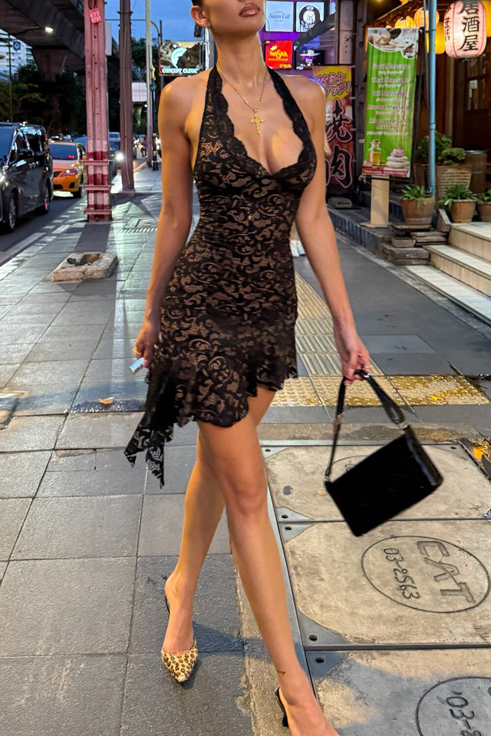 Plunge Neck Jacquard Lace Slim Fit Halter Mini Dresses - Black Pre Order