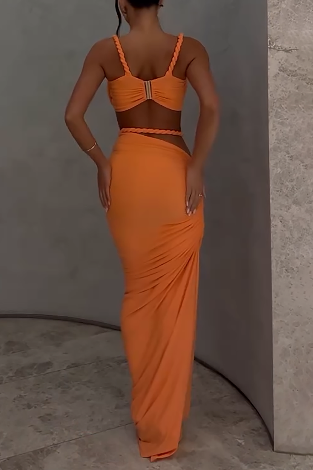Braided Crop Cami Ruched High Slit Maxi Skirt 2pcs Set - Orange