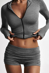 Zipper Long Sleeve Hoodie Solid Color Ruched Slim Fit Shorts 2pcs Set - Gray