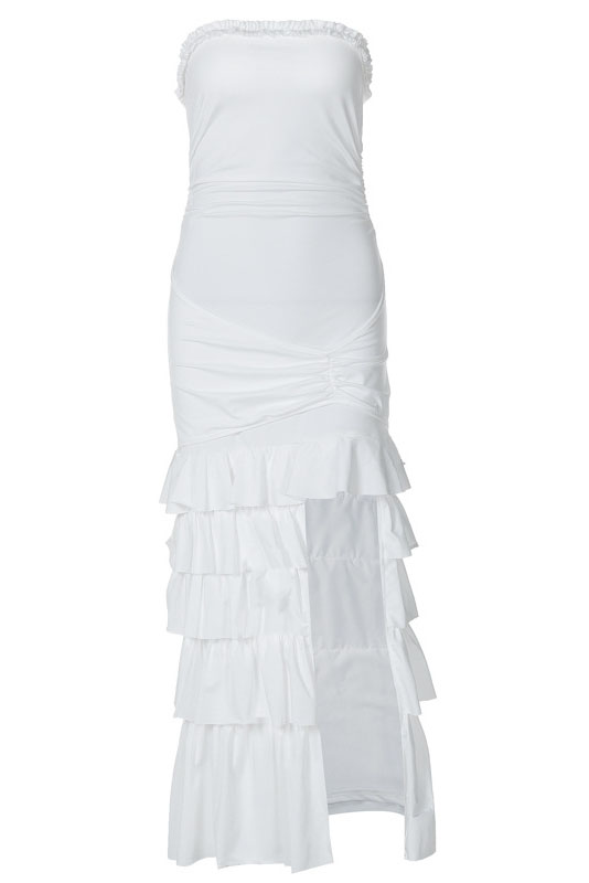 Strapless Ruched Slim Fit Tiered Ruffled High Slit Midi Dresses - White