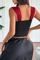 Beaded Chain Decor Wide Straps Colorblock Bodice - Red