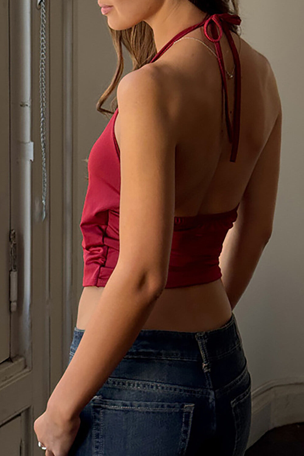 Deep V Neck Halter Metal Decor Wrapped Ruched Slim Fit Crop Top - Burgundy