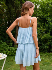 Solid color suspender dress with two layers of lotus leaf A-line skirt