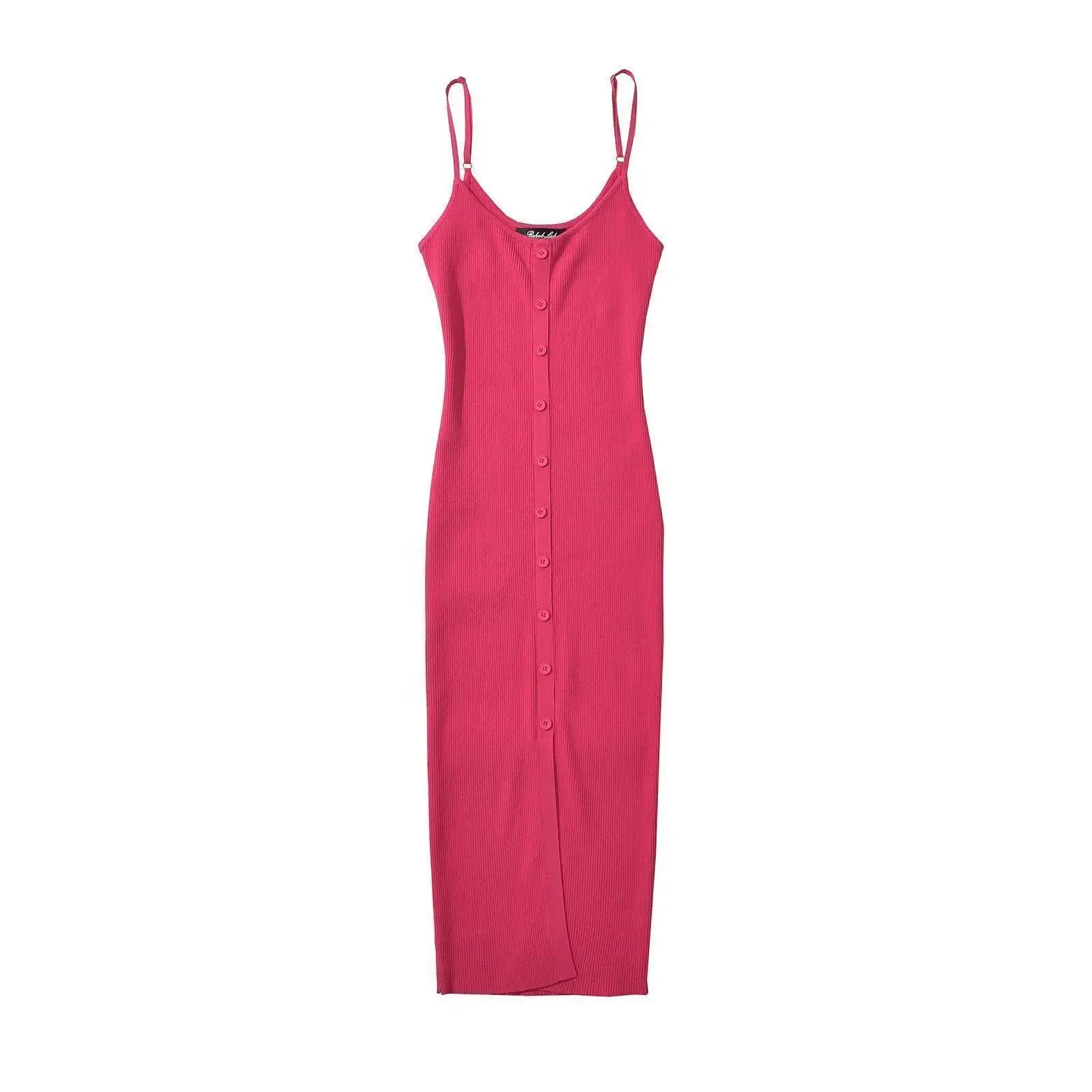 Single Breasted Rib Knitted Dress Women Spaghetti Strap Midi Split Dresses