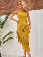 yellow tassel dress hip wrap dress bandage dress