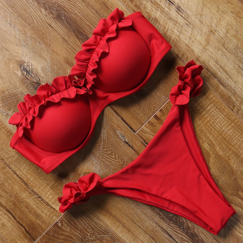 Conjunto de bikini de dos piezas con sujetador push-up sólido