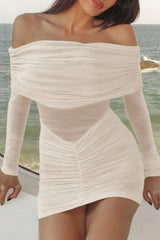 Overlay Design Off Shoulder Long Sleeve Ruched Mesh Fitted Mini Dresses - Beige