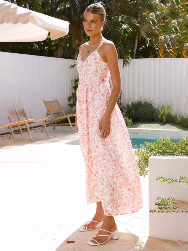 V-neck waist holiday long dress sexy backless bow tie dress