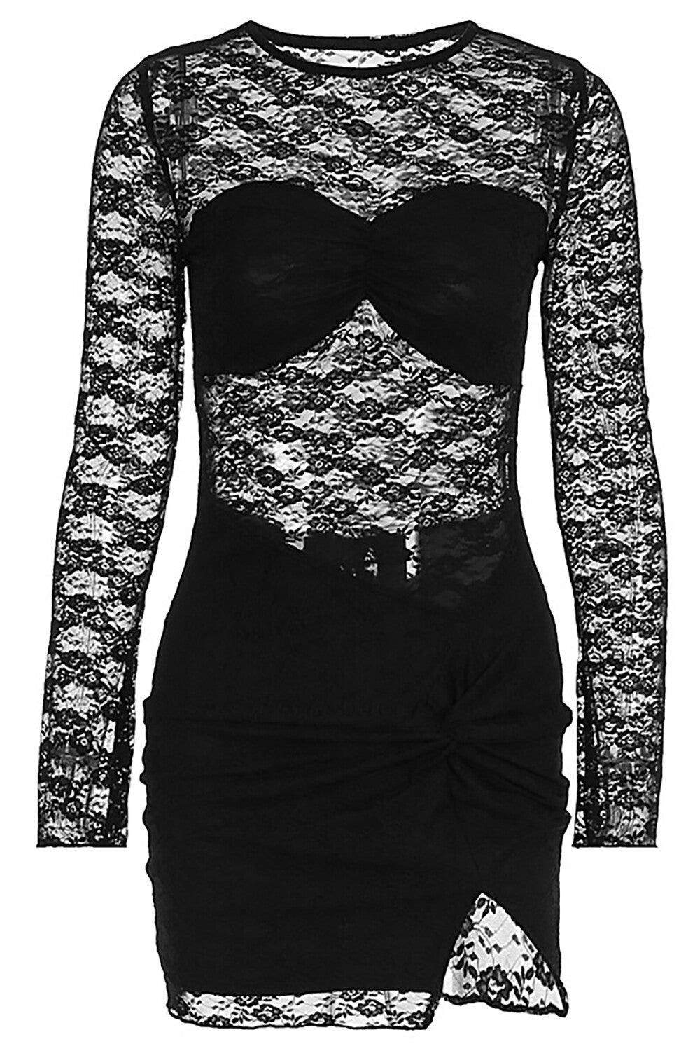 Floral Lace Long Sleeve Slit Bodycon See Through Mini Dresses - Black