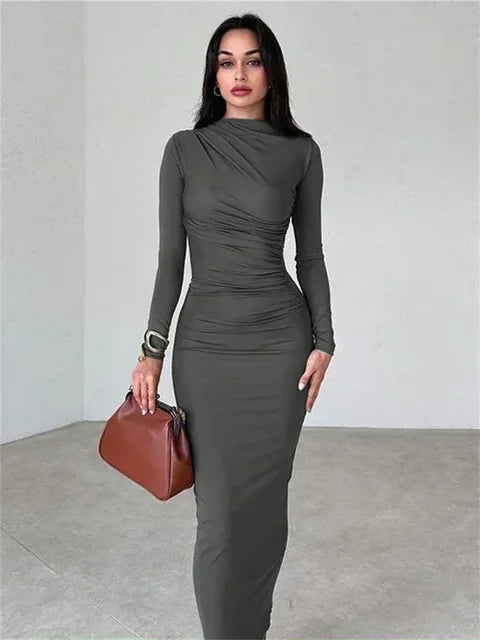 Tossy Pleated Autumn Dress Patchwork Elegant Women Long Sleeve Solid Vestidos Slim High Waist Bodycon Maxi Dress
