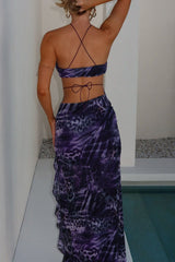 Leopard Print Ruffled Slit Halter Backless Maxi Dresses - Purple