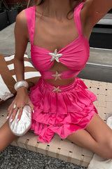 Metal Starfish Cutout Crop Cami Ruffled Mini Skirt Set - DeepPink Pre Order