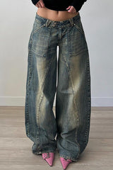 Distressed Denim Wide Leg Casual Low - Rise Jeans - Blue