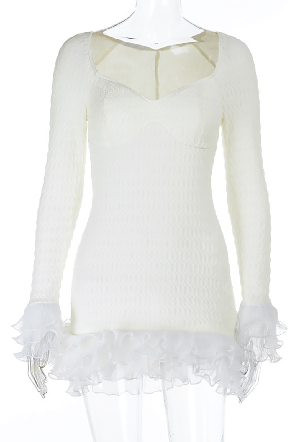 Tulle Tiered Ruffled Patchwork Long Sleeve Textured Mini Dresses - OffWhite