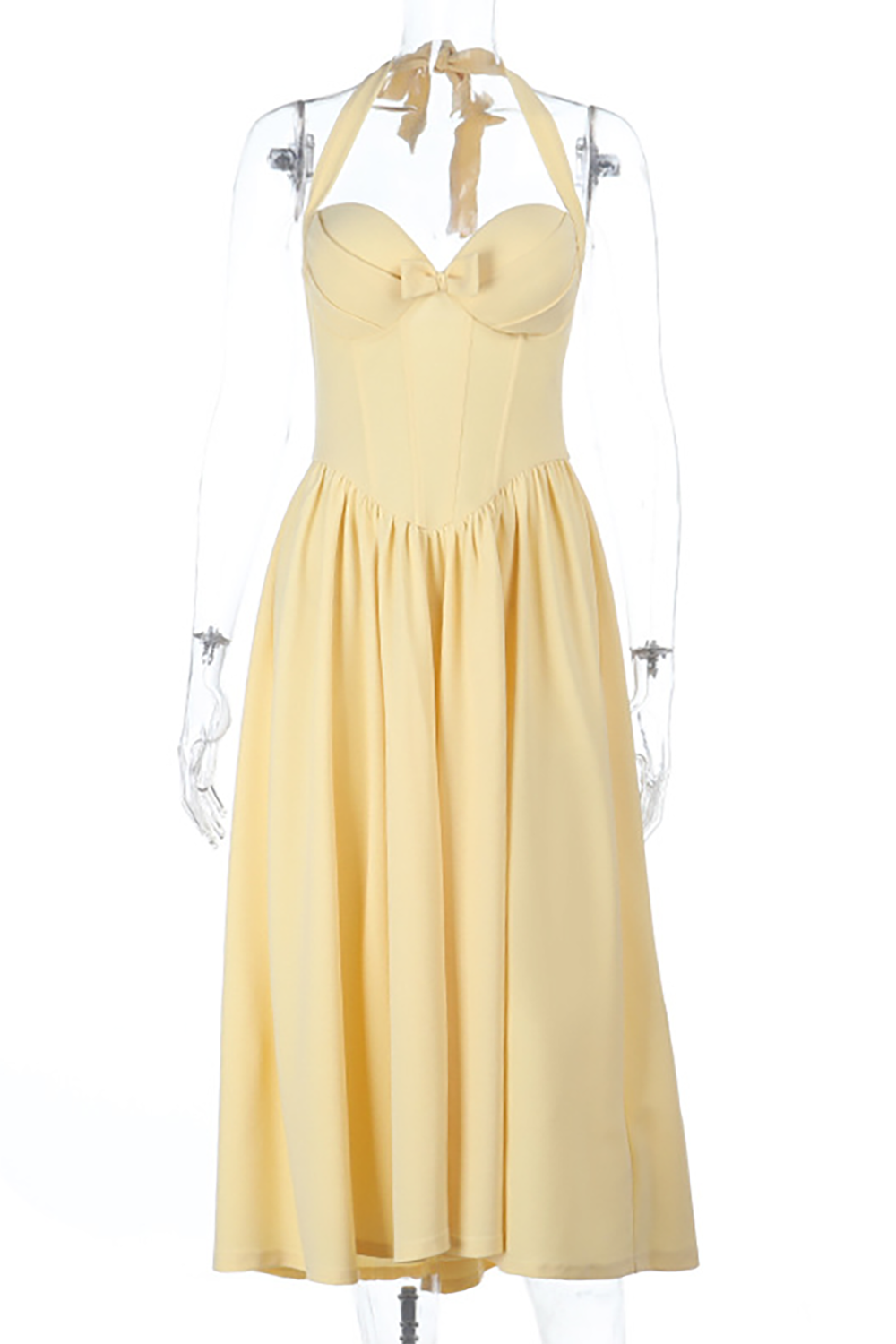 Halter Neck Corset Design Solid Color A - Line Midi Dresses - Yellow
