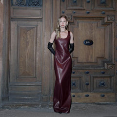 PU Leather Party Dress Women Night Sleeveless Split Long Dresses Fall Winter Clothes