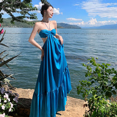 Seaside vacation beach dress, halterneck, backless suspender dress, elegant bohemian long dress