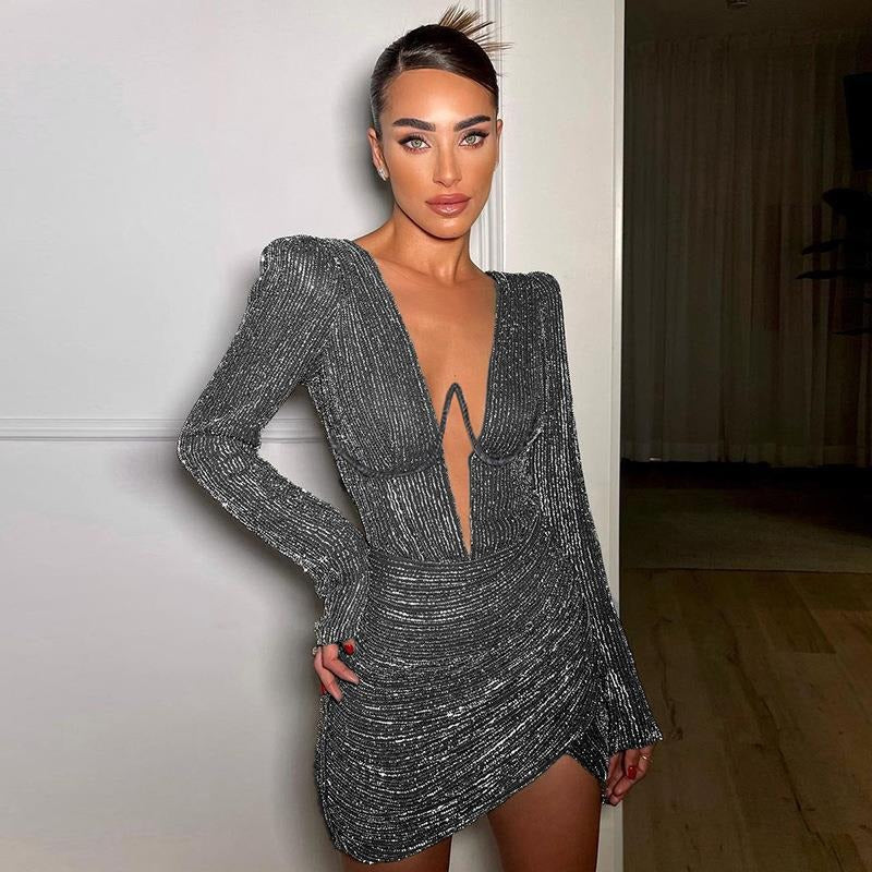 Steel ring pleated long sleeved tight and sexy padded shoulder deep V-neck dress