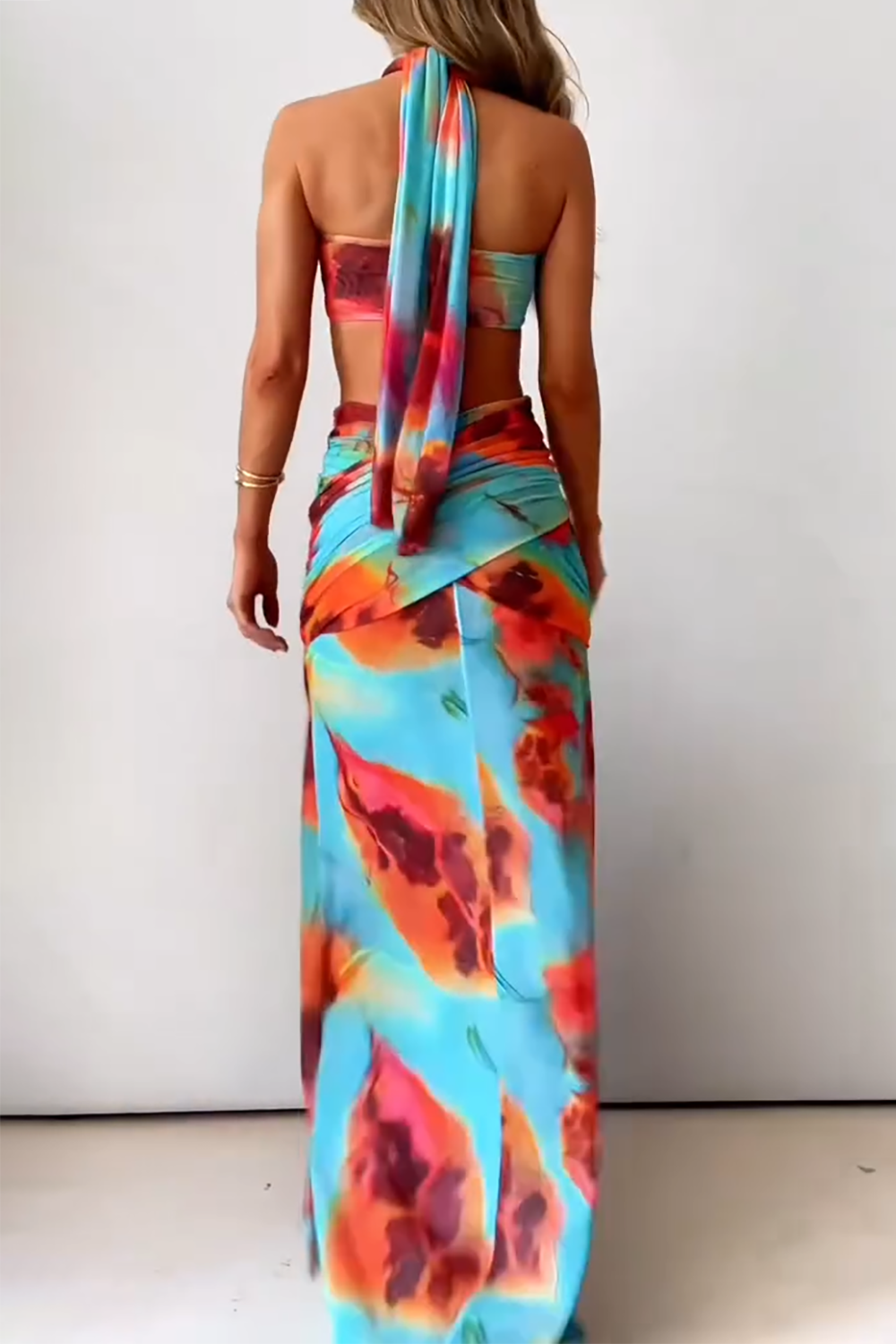 Abstract Print Halter Crop Top Side Slit Maxi Skirt 2pcs Set - Blue