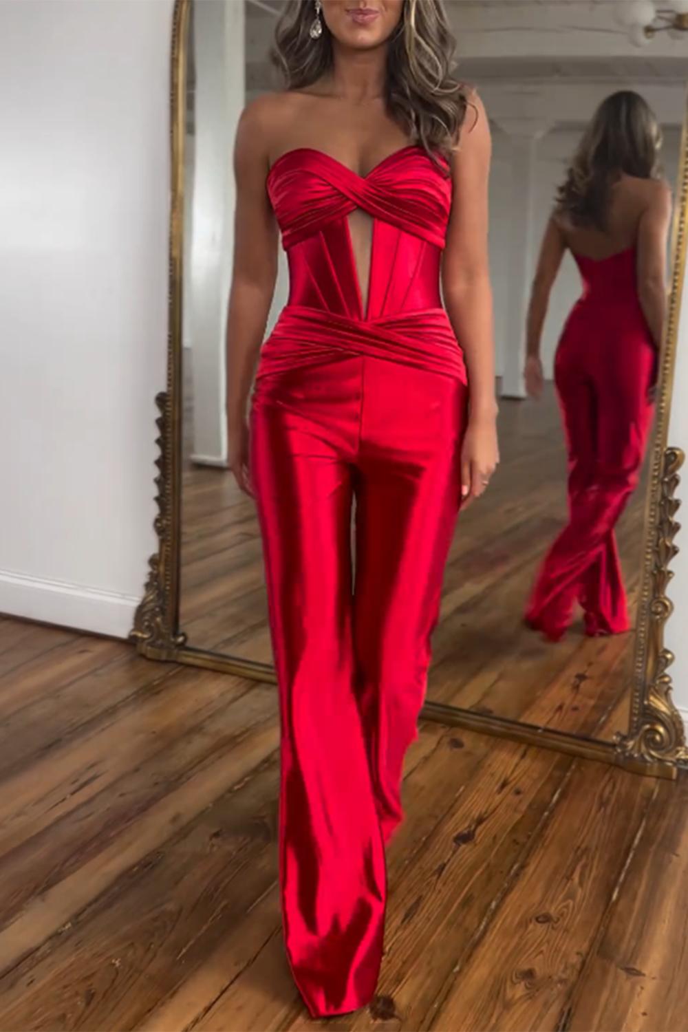 Twisted Strapless Cutout Corset Straight Leg Party Jumpsuit - Red