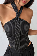 Halter Neck Tie Striped Print Casual Corset - Black