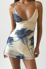 Plunge Neck Floral Print Slim Fit Strappy Mini Dresses - Beige Pre Order