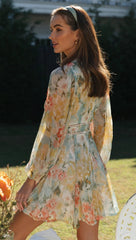 European and American Womens Printed V Neck Bubble Sleeve Lace Patchwork Large Swing Dress