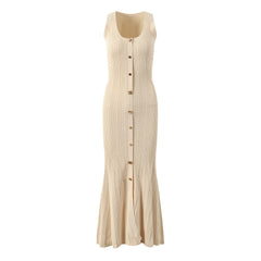 French socialite temperament elegant slim fit and slimming round neck single breasted sleeveless knitted dress long skirt