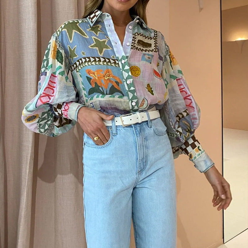 Neues, elegantes, langärmliges, bedrucktes Freizeithemd mit bemaltem Revers