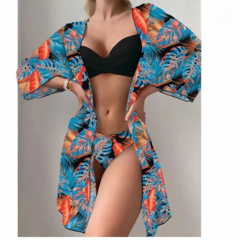 Dreiteiliger bedruckter Cover-Bikini für Damen