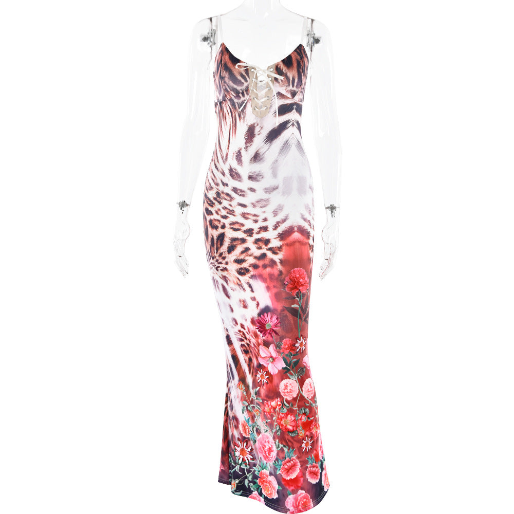 beach style dress with printed suspender, slim fit, sexy and dress
