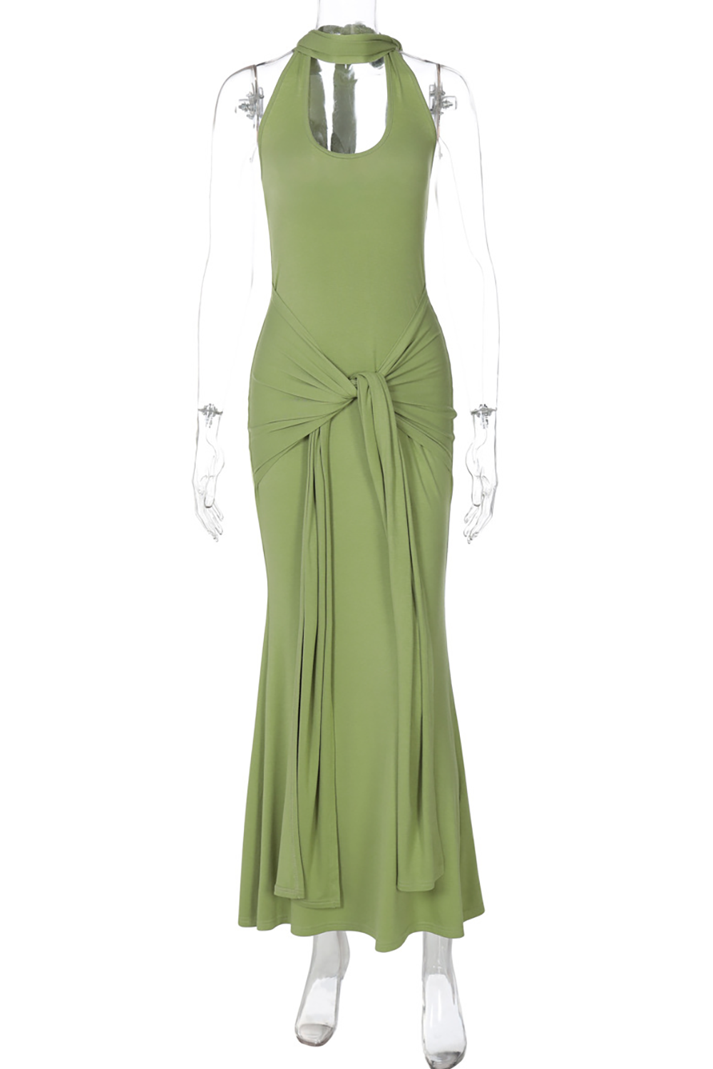 Halter Neck Ruched Tie Up Streamer Bodycon Maxi Dresses - Green